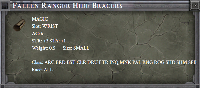 FALLEN RANGER HIDE BRACERS in-game item card